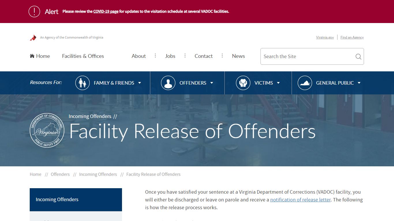 Facility Release of Offenders — Virginia Department of Corrections